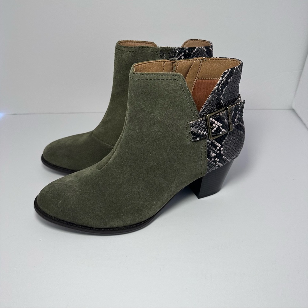Vionic Naomi Ankle Boot in Green Suede with Snake Skin Print Back